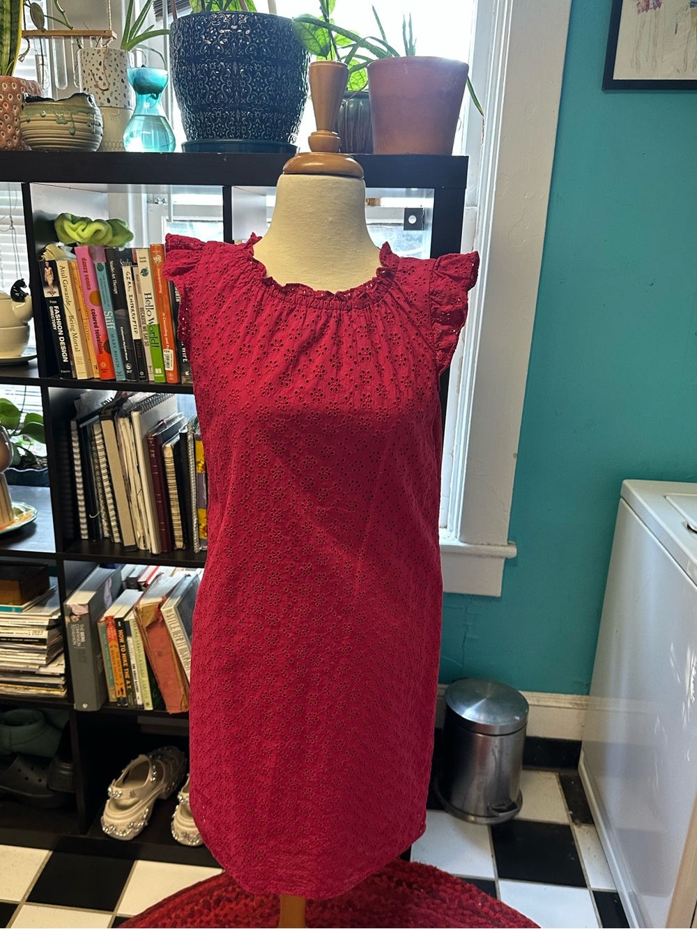 LOFT Raspberry Pink Eyelet Ruffle-Trim Shift cotton Dress - Picture 2 of 11